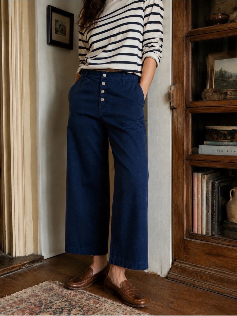 Vintage J.Crew Navy Wide Leg Button Fly Pants Size 29 Preppy Coastal 100% Cotton